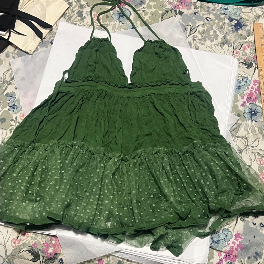 Green Halter Dress with Ruffle Hem